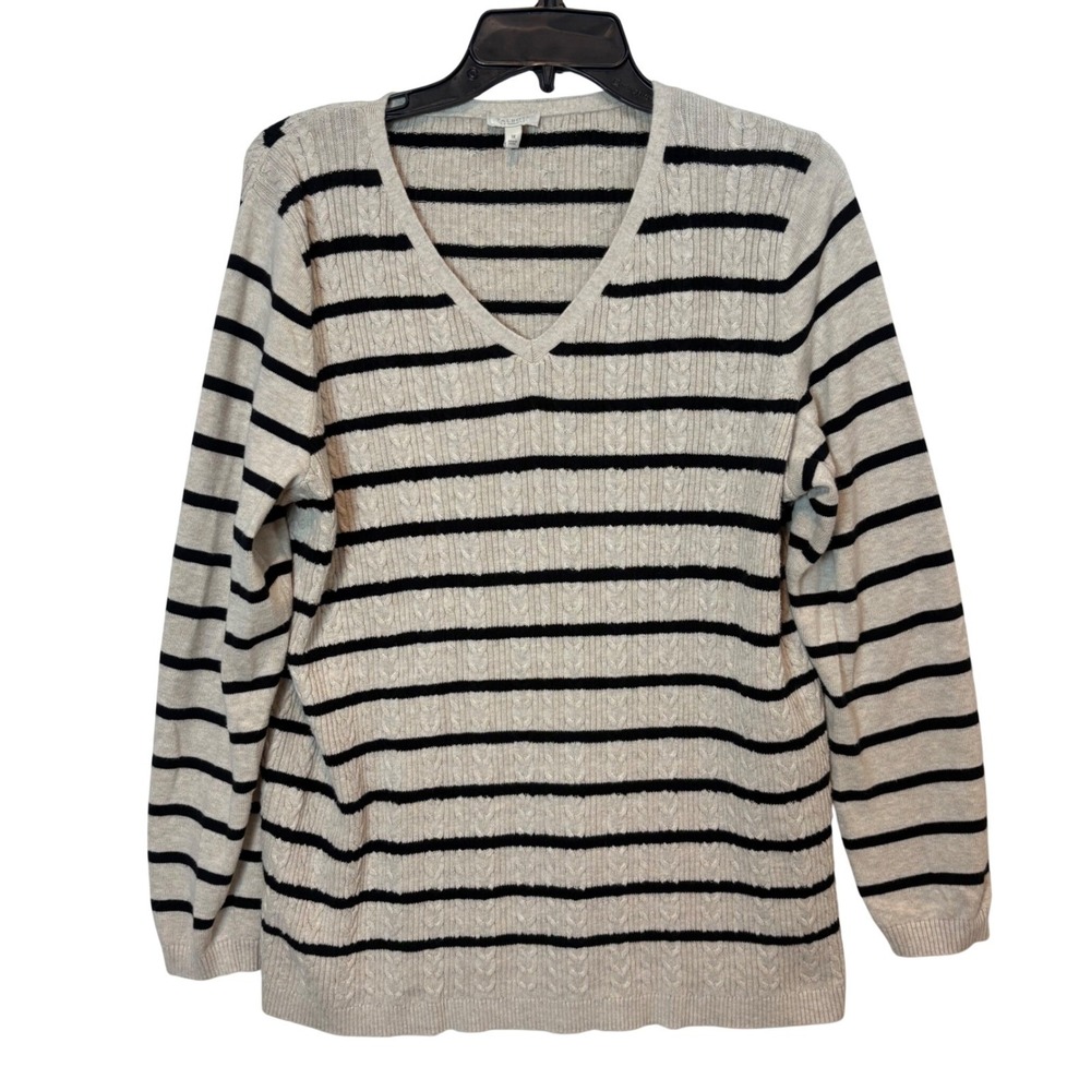 Talbots Woman Cream Navy Blue Striped Cable Knit V-Neck Cotton Sweater 1X